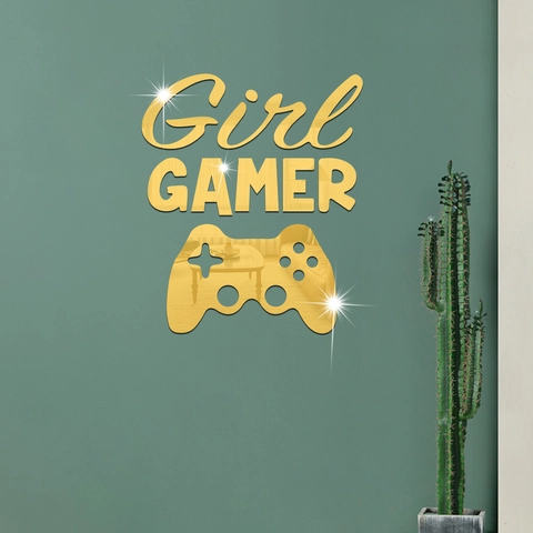 Adesivo da Parete Specchio in Acrilico Girl Gamer Design Controller Autoadesivo Decalcomania Rimovibile per Camera da Letto