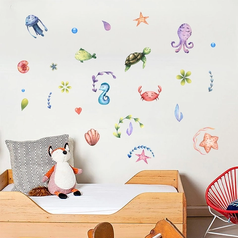 Watercolor Ocean Animal Wall Stickers PVC Waterproof Sea Turtle Octopus Decals For Kids Bedroom Nursery Home Decoration