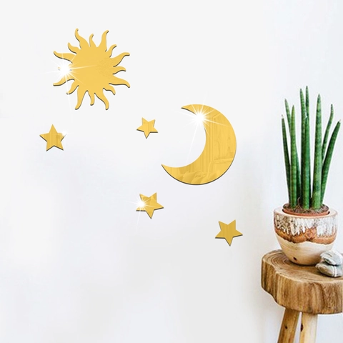 Moderni Adesivi Murali Specchio in Acrilico Sole Luna Stelle Riflettenti 3D Autoadesivi Fai da Te Decorazione Casa Soggiorno