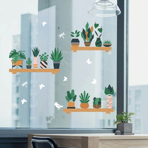Adesivi Murali Piante in Vaso PVC Impermeabile Foglia Verde Succulente Murale per Soggiorno Camera da Letto Cucina Casa