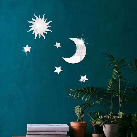 Moderni Adesivi Murali Specchio in Acrilico Sole Luna Stelle Riflettenti 3D Autoadesivi Fai da Te Decorazione Casa Soggiorno