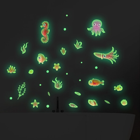 Leuchtende Meerestiere Wandtattoo Karikatur Oktopus Tintenfisch Seepferdchen Fluoreszierende PVC Wandaufkleber Kinderzimmer