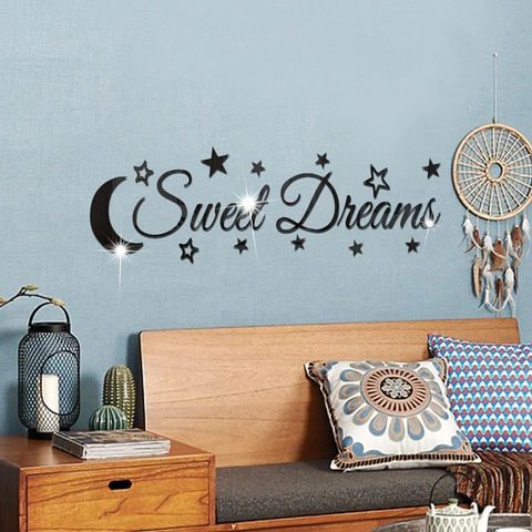 Adesivi Murali a Specchio in Acrilico Citazione Sweet Dreams Luna Stelle Decorazione Parete 3D per Camera da Letto Soggiorno