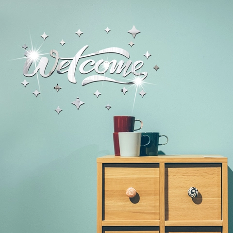 Adesivi Murali Welcome in Acrilico Specchiato 3D con Stelle Decorazione Minimalista per Soggiorno Camera da Letto Ingresso