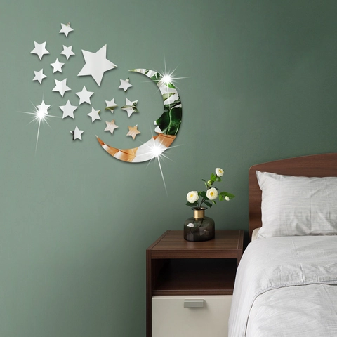 Acryl Spiegel Mond Sterne Wandtattoo Für Wohnzimmer Schlafzimmer Dekoration Modern Minimalistisch Abnehmbare DIY Aufkleber