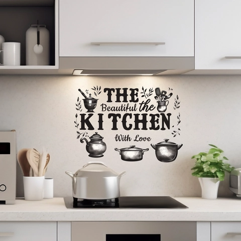 Removable PVC Kitchen Wall Sticker With Kitchenware Pattern And Lettering The Beautiful Kitchen With Love For Home Decor