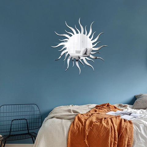 Adesivo Murale Specchio Sole in Acrilico Moderno Raggi di Sole Fai-da-Te per Soggiorno Camera da Letto Ufficio Oro Argento Nero
