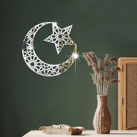 Acrylic Mirror Wall Sticker Hollow Moon Star Geometric Pattern Ramadan Eid Decoration For Living Room Bedroom Home Decor