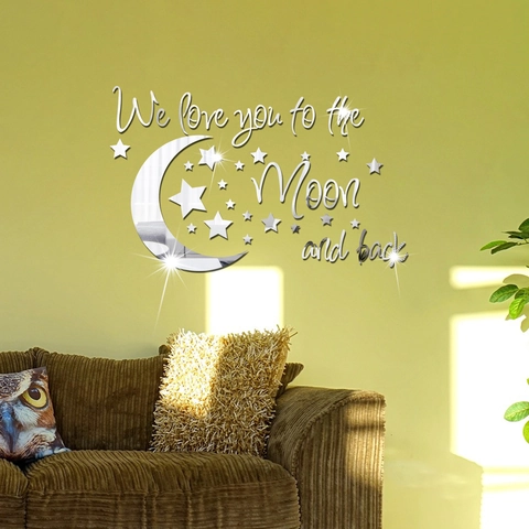 Adesivo da Parete a Specchio in Acrilico Luna Stelle Citazione We Love You To The Moon And Back Decalcomania 3D DIY Camera