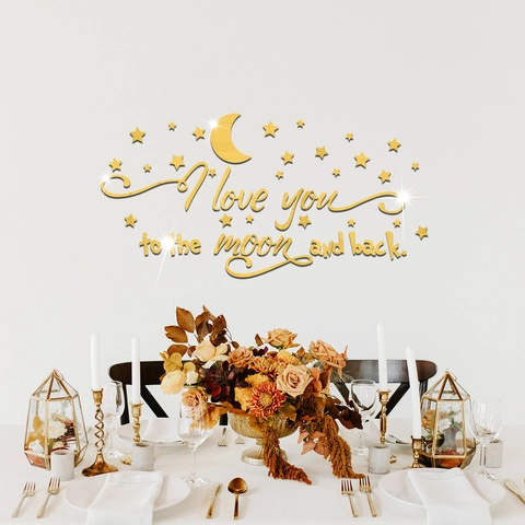 Adesivi Murali Specchio 3D Acrilico Luna Stelle I Love You To The Moon And Back DIY Decalcomania Artistica per Camera