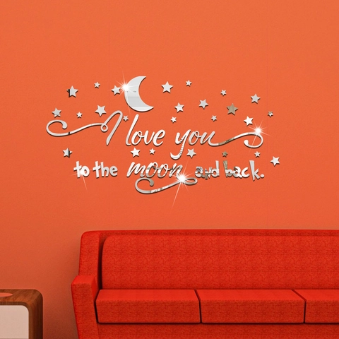 Adesivi Murali Specchio 3D Acrilico Luna Stelle I Love You To The Moon And Back DIY Decalcomania Artistica per Camera