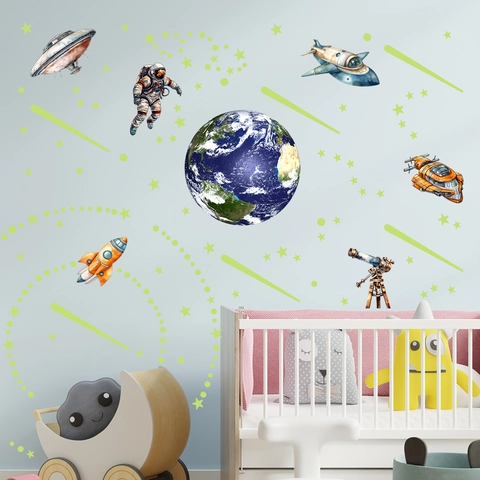 Adesivi Murali Spaziali Astronauti Fluorescenti Cielo Stellato Terra Adesivi Luminosi Per Camera Da Letto Bambini Decorazioni