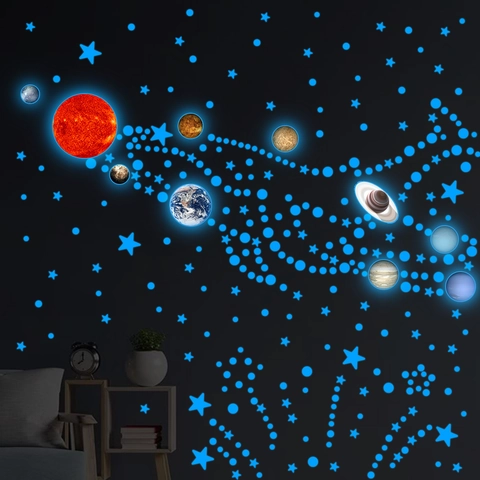 Stickers Muraux Planètes Système Solaire Lumineux Dans L'obscurité Pour Chambre D'enfant Étoiles Points Galaxie Décor De Plafond