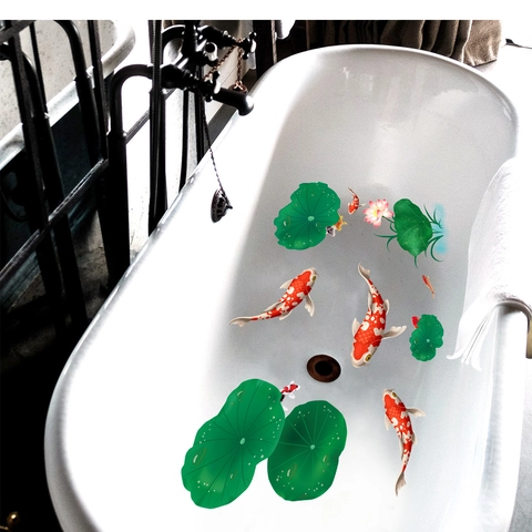 3D Koi Fish Lotus Waterproof PVC Wall Stickers Chinese Style Decorative Removable Stickers For Bathroom Bathtub Home Decor