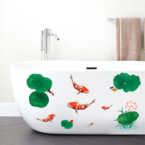 3D Koi Fish Lotus Waterproof PVC Wall Stickers Chinese Style Decorative Removable Stickers For Bathroom Bathtub Home Decor