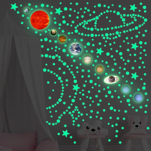 Stickers Muraux Planètes Système Solaire Lumineux Dans L'obscurité Pour Chambre D'enfant Étoiles Points Galaxie Décor De Plafond