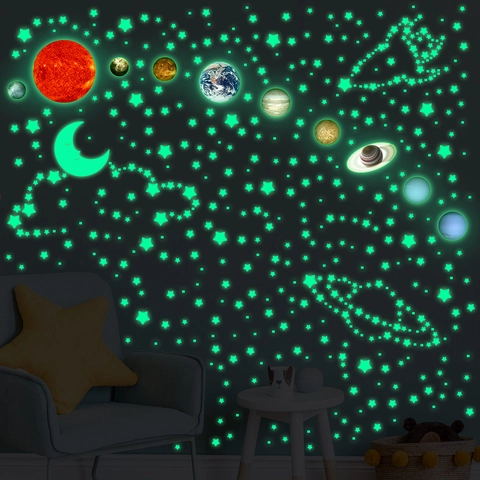 Adesivi Murali Sistema Solare Luminosi al Buio Pianeti Stelle Luna Decalcomanie in PVC per Soffitto Camera dei Bambini Decorazione