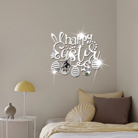 Happy Easter Sticker Mural Miroir Acrylique 3D Motif Oreilles de Lapin Œuf Décalcomanie Murale pour Salon Chambre Déco