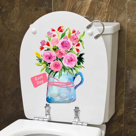 Aquarell Rose Blume Vase Wandsticker Wasserdicht PVC Toilette Aufkleber Für Badezimmer Wohnzimmer Home Decor Rose Day Kunst