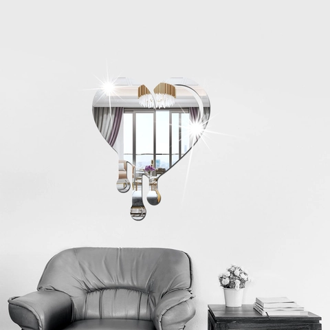 Sticker Mural Miroir Coeur de Fusion Moderne 3D Design Goutte à Goutte Fluide Miroir Auto-Adhésif Décoration Maison