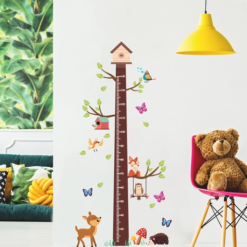 Cartoon Forest Animals Height Growth Chart Wall Sticker For Kids Room PVC Removable Nursery Decor Tree Scale Decal