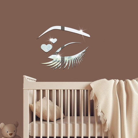 Moderne PVC Spiegel Wandtattoo Herz Wimpern 3D DIY Wandaufkleber Für Schlafzimmer Kinderzimmer Deko Gold Silber Schwarz
