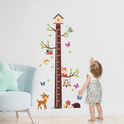 Cartoon Forest Animals Height Growth Chart Wall Sticker For Kids Room PVC Removable Nursery Decor Tree Scale Decal