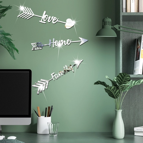 Sticker Mural Miroir Acrylique 3D Design Flèche Lettres Love Home Family Autocollant Mural Auto-Adhésif pour Décoration Salon