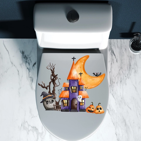 Pegatina de Pared para Inodoro Halloween Castillo Luna Calabaza Murciélago PVC Acuarela Fantasma Calcomanía Decoración de Fiesta