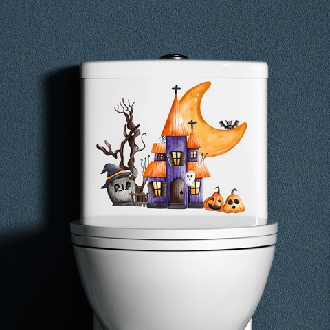 Pegatina de Pared para Inodoro Halloween Castillo Luna Calabaza Murciélago PVC Acuarela Fantasma Calcomanía Decoración de Fiesta