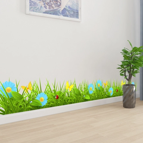 Pegatina de Pared de Hierba de Pradera Con Flor Mariposa PVC Impermeable Removible Decoración de Rodapié para Sala de Estar Dormitorio