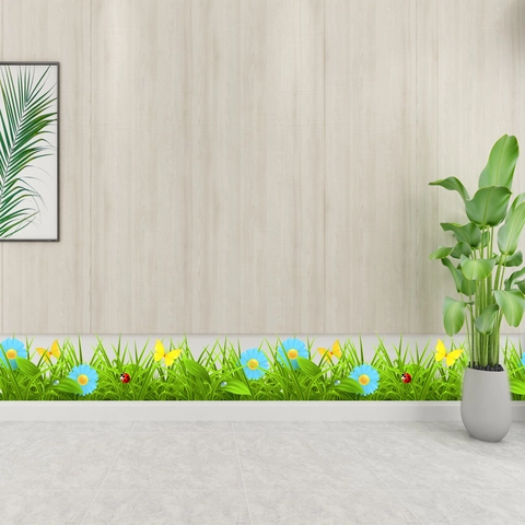 Pegatina de Pared de Hierba de Pradera Con Flor Mariposa PVC Impermeable Removible Decoración de Rodapié para Sala de Estar Dormitorio