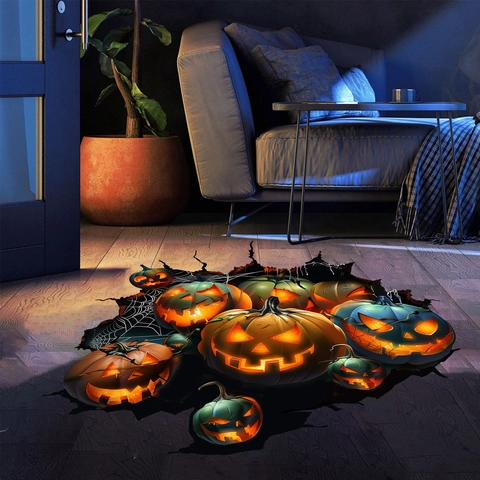 3D Halloween Pumpkin Floor Sticker PVC Removable Jack-O-Lantern Wall Decal Spooky Crack Spider Web For Living Room Party Decor