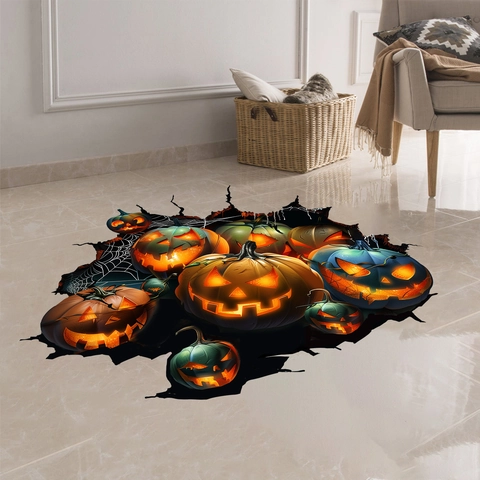 3D Halloween Pumpkin Floor Sticker PVC Removable Jack-O-Lantern Wall Decal Spooky Crack Spider Web For Living Room Party Decor