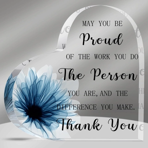 Heart Shaped Clear Acrylic Desktop Plaque Decoration Blue Floral Pattern Inspirational Quote Gift For Coworkers Friends Desktop Ornament