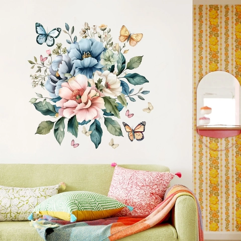 Bloemen Vlinder Muursticker PVC Verwijderbare Florale Sticker Voor Woonkamer Slaapkamer Artistieke Aquarel Huisdecoratie
