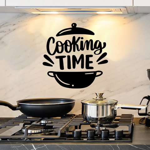 Moderner Minimalistischer Küchen Wandaufkleber Cooking TIME Topf Silhouette Schwarz PVC Wasserdicht Abnehmbar DIY Kunst Sticker
