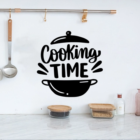 Moderner Minimalistischer Küchen Wandaufkleber Cooking TIME Topf Silhouette Schwarz PVC Wasserdicht Abnehmbar DIY Kunst Sticker