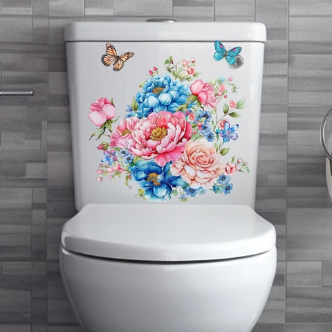 Pegatina de Pared Peonía Flores Mariposa Acuarela PVC Impermeable Calcomanía Inodoro Para Baño Frigorífico Decoración