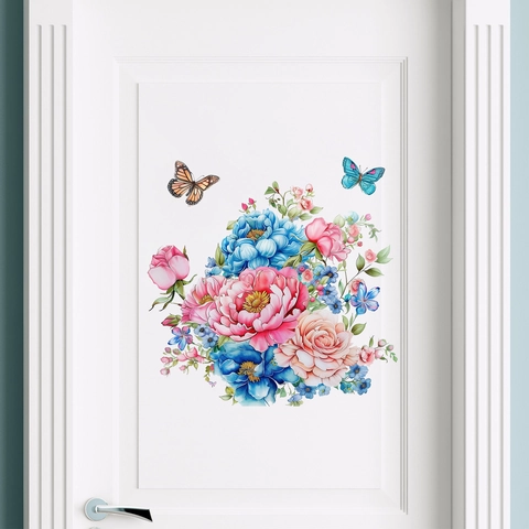 Pegatina de Pared Peonía Flores Mariposa Acuarela PVC Impermeable Calcomanía Inodoro Para Baño Frigorífico Decoración