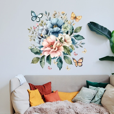 Bloemen Vlinder Muursticker PVC Verwijderbare Florale Sticker Voor Woonkamer Slaapkamer Artistieke Aquarel Huisdecoratie