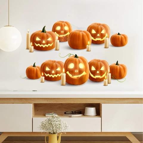 Halloween Pumpkin Ghost Face Candle Wall Stickers PVC Waterproof Jack-O-Lantern Decals For Living Room Bedroom Home Decor