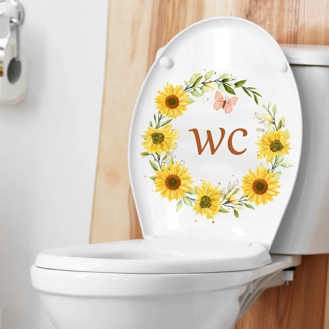 Sunflower Wreath WC Sign Wall Sticker PVC Waterproof Butterfly Floral Decal For Bathroom Toilet Door Decor