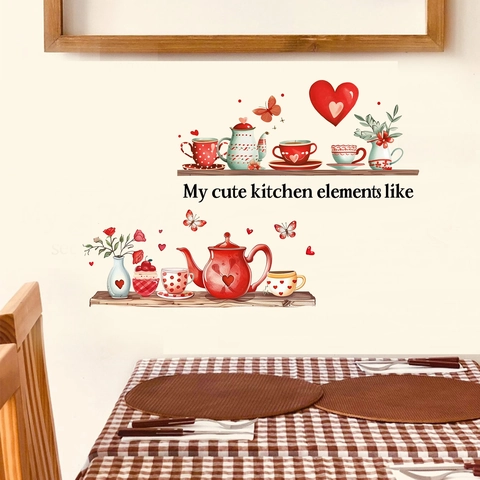 Red Teapot And Tea Cup Wall Stickers PVC Heart Butterfly Floral Decals For Kitchen Dining Room Home Decoration