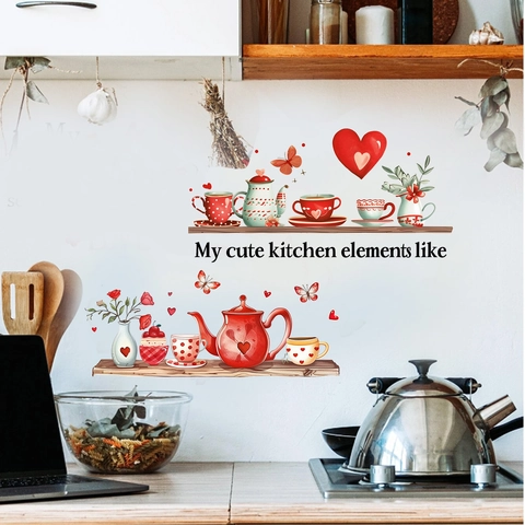 Red Teapot And Tea Cup Wall Stickers PVC Heart Butterfly Floral Decals For Kitchen Dining Room Home Decoration