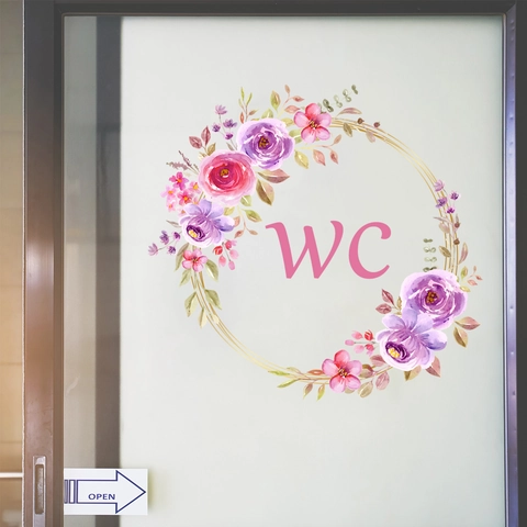 Υδατογραφία Ροζ Μωβ Λουλουδένιο Στεφάνι WC Αυτοκόλλητο Τουαλέτας PVC Αυτοκόλλητο Αδιάβροχο Διακόσμηση Πόρτας Μπάνιου