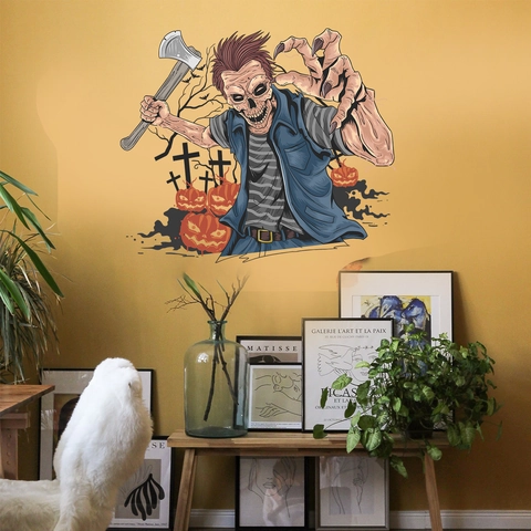 Halloween Wall Sticker Horror Zombie Axe Pumpkin Bat Ghost Face PVC Self Adhesive Decal For Home Room Party Decor