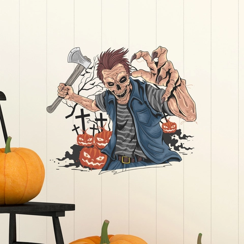 Halloween Wall Sticker Horror Zombie Axe Pumpkin Bat Ghost Face PVC Self Adhesive Decal For Home Room Party Decor