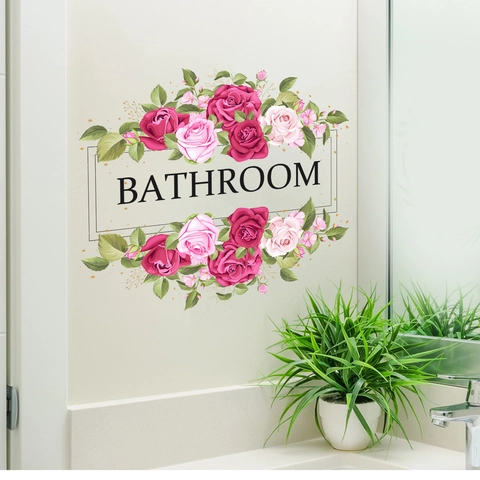 Pegatina de Puerta de Baño con Flores de Rosa PVC Impermeable Autoadhesiva para Decoración del Hogar