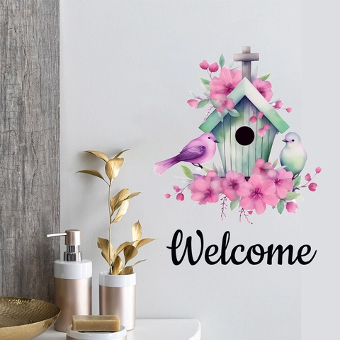 Aquarel Vogelhuisje Roze Bloemen Vogels Welcome Muurstickers Waterdicht PVC Decoratie Voor Slaapkamer Woonkamer Entree